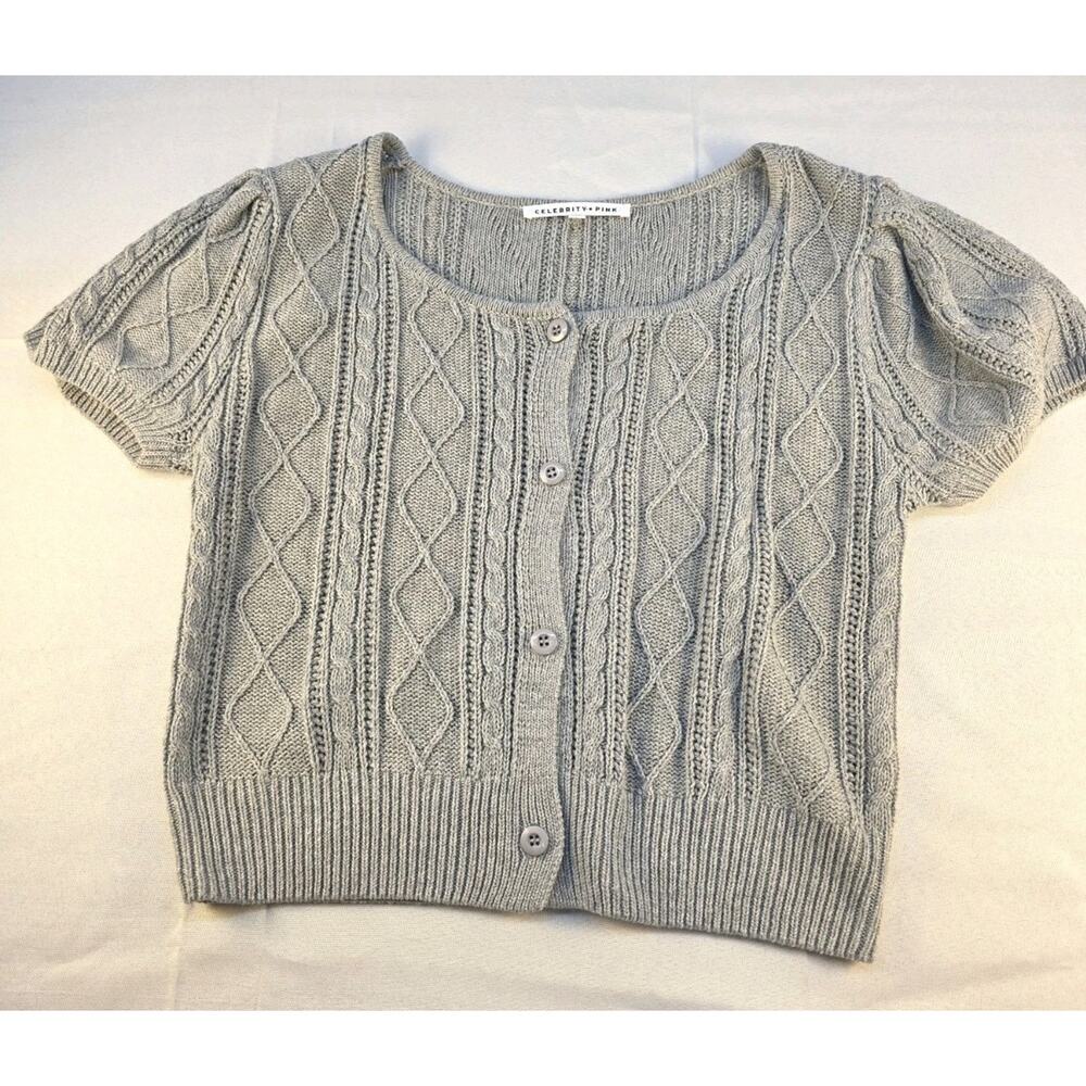 Celebrity Pink Women's Medium Gray Short Puff Sleeve Button Up Sweater Soft